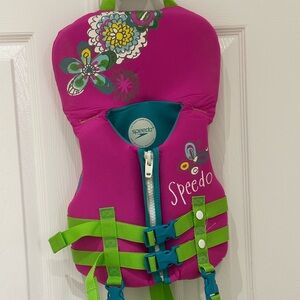 Infant Speedo Pink Swim Vest with Lime Green Straps and Teal Accents
